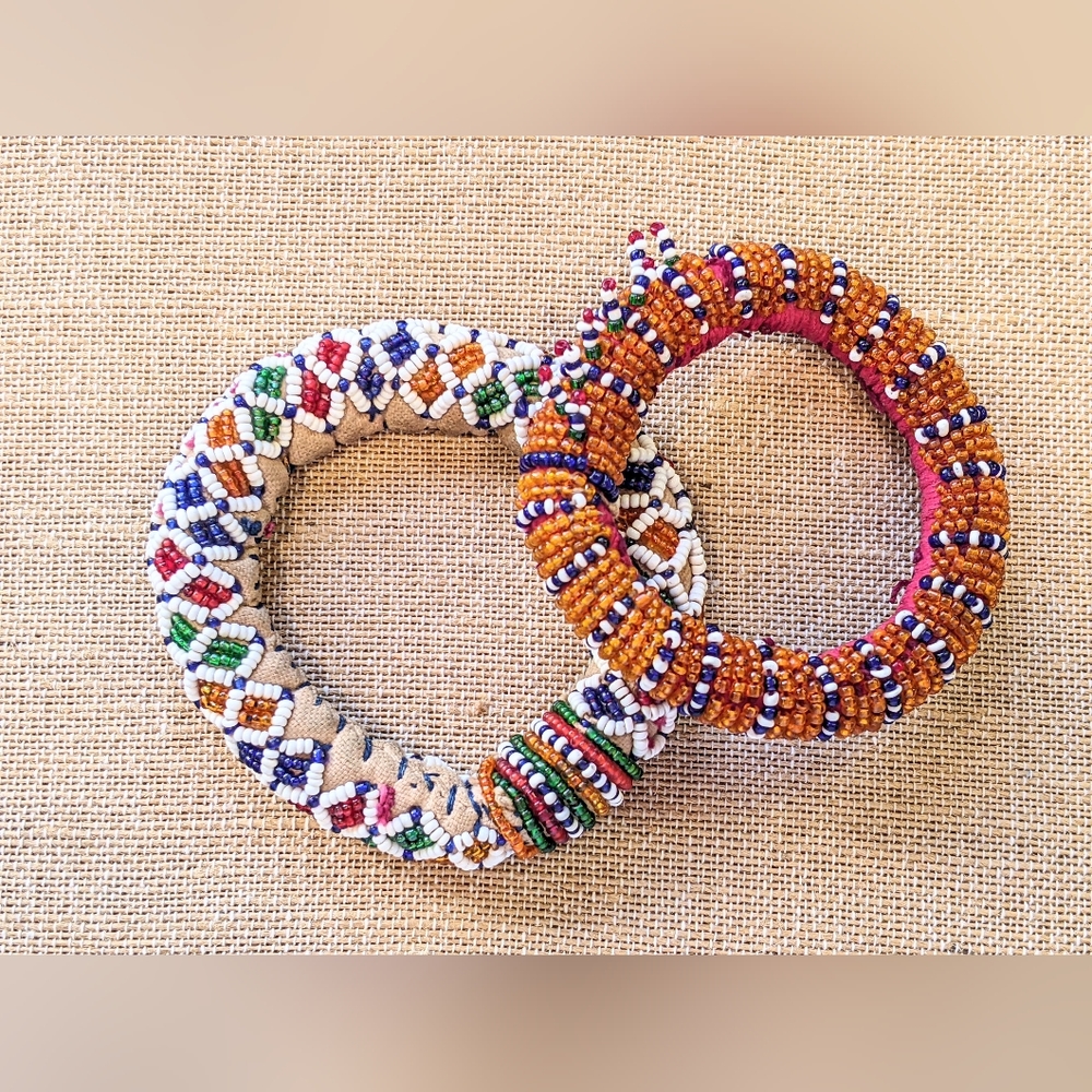 African beaded lattice soft fabric set of two bracelets hand made unique